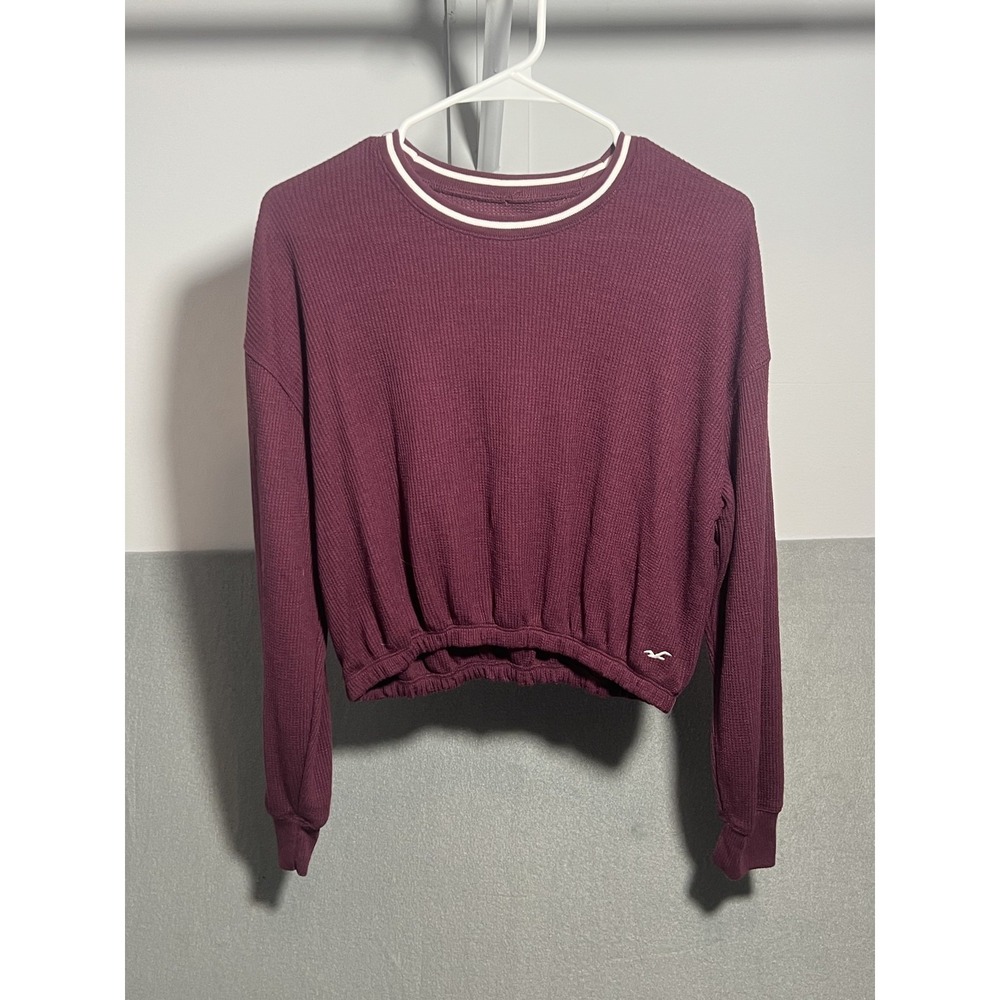 Hollister Women's Small S Boyfriend Crop T-Shirt Waffle Knit Burgundy‎ Pullover